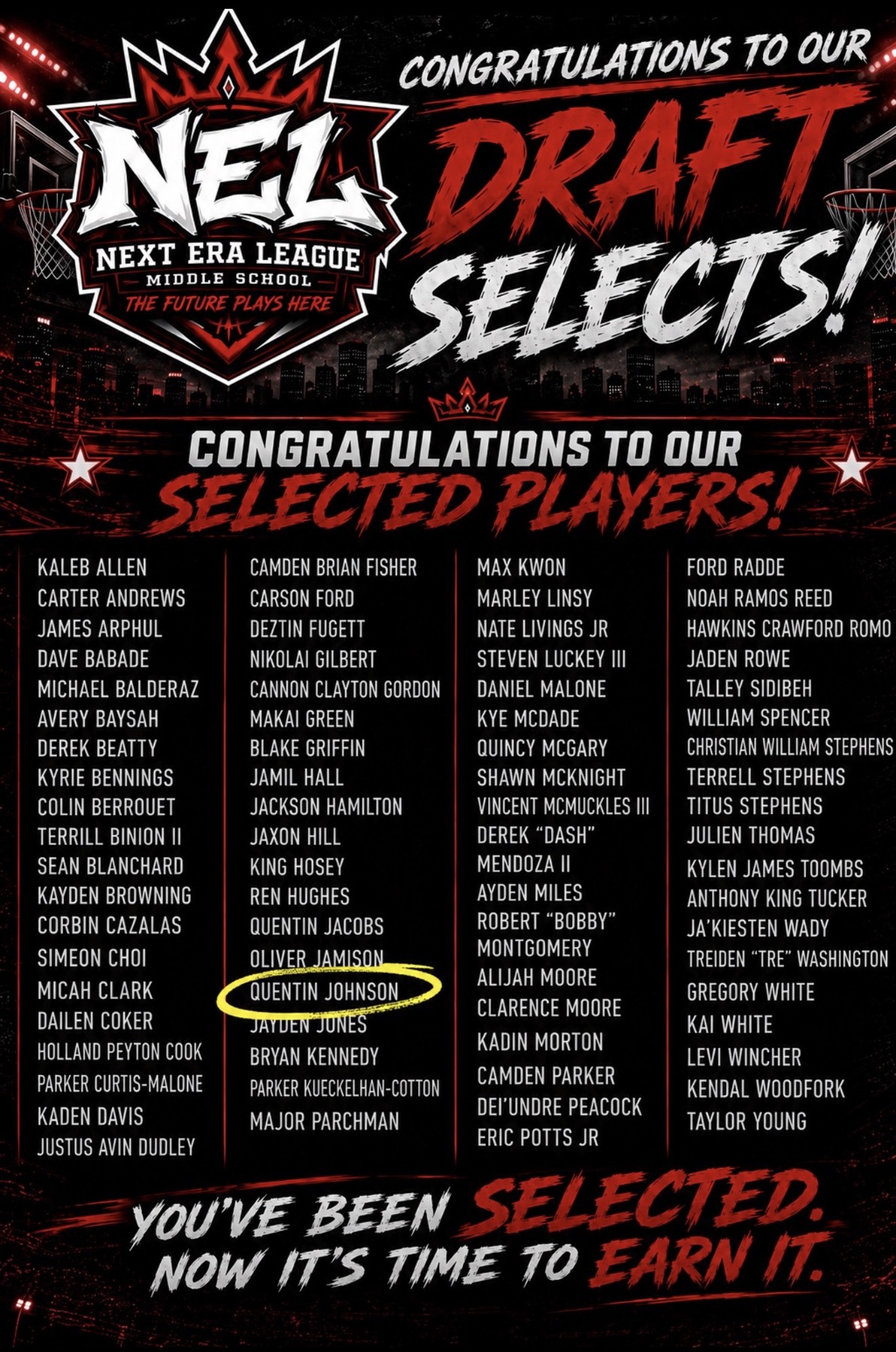 Next Era League draft selections announcement listing Quentin Johnson